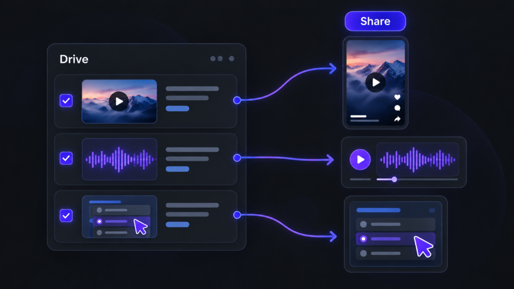 Reutiliza vídeos, audios y recursos interactivos de Drive para crear contenido en Share.